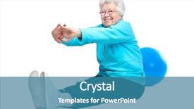  Presentation with club - Audience pleasing presentation theme consisting of sport rehabilitation - attractive senior woman at health backdrop and a teal colored foreground