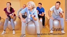  Presentation with group training - PPT theme consisting of sport rehabilitation - happy group doing back training background and a coral colored foreground