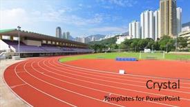  Presentation with track field - Amazing PPT layouts having sport running field backdrop and a coral colored foreground