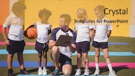  Presentation with coach chalk - Colorful presentation design enhanced with sport school - coach and schoolkids discussing backdrop and a yellow colored foreground