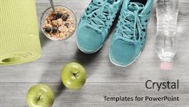  Presentation with food sport - Colorful slide deck enhanced with sport shoes and healthy food backdrop and a light gray colored foreground