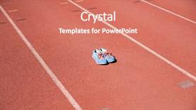  Presentation with running shoes - Cool new PPT theme with sport shoes on running track in stadium backdrop and a coral colored foreground