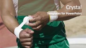  Presentation with sportswear - Slides having male athlete in green sportswear taping wrist background and a coral colored foreground