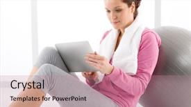  Presentation with touch screen - PPT theme with sport technology - fitness woman touch screen computer background and a  colored foreground