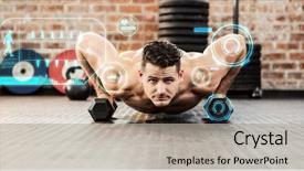  Presentation with interface - Theme featuring sport technology - portrait of man doing dumbbell background and a light gray colored foreground
