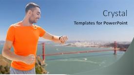  Presentation with san francisco - Presentation design featuring sport technology and healthy lifestyle concept - smiling young man with smart watch or fitness tracker over golden gate bridge in san francisco bay background background and a light blue colored foreground