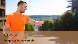 Presentation with smart city technology - Presentation with sport technology and healthy lifestyle concept - smiling young man with smart watch or fitness tracker over san francisco city background background and a coral colored foreground