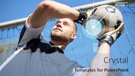  Presentation with goal ball - Cool new slide set with sport technology and people concept - soccer player or goalkeeper with ball at football goal backdrop and a light blue colored foreground