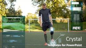 Presentation with football field - Beautiful slide deck featuring sport technology and people concept - soccer player playing with ball on football field backdrop and a gray colored foreground