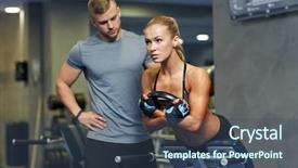  Presentation with personal training - Cool new slide set with sport training fitness lifestyle and people concept - young woman with personal trainer flexing back and abdominal muscles on bench in gym backdrop and a ocean colored foreground