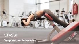  Presentation with flexing - Theme consisting of sport training fitness lifestyle and people concept - young woman flexing back muscles on bench in gym background and a gray colored foreground