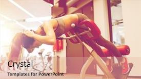  Presentation with abdominal - Presentation design having sport training fitness lifestyle and people concept - young woman flexing back and abdominal muscles on bench in gym background and a coral colored foreground
