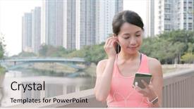  Presentation with music watermark - Slide set having sport woman listen to music background and a soft green colored foreground