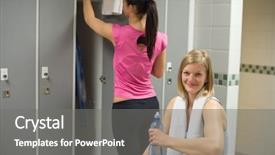  Presentation with locker room - Theme enhanced with sport woman with friend in background at gym's locker room background and a gray colored foreground