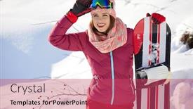  Presentation with snowboard - Colorful PPT layouts enhanced with sport woman with snowboard outdoors backdrop and a red colored foreground