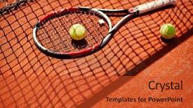  Presentation with tennis - Presentation design having sporting clays - close up of tennis equipment background and a red colored foreground