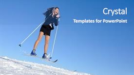  Presentation with good - PPT theme featuring sporting goods - businesswoman on ski flying background and a  colored foreground