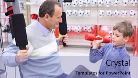  Presentation with barbell - Presentation having sporting goods - elderly man in shop background and a light blue colored foreground