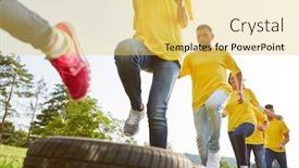  Presentation with teambuilding - Audience pleasing theme consisting of sporting-team-doing-fitness-training backdrop and a yellow colored foreground