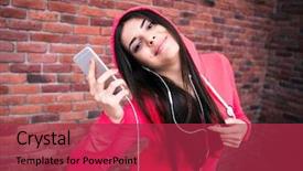  Presentation with music and sports - Presentation theme consisting of sportive cute woman listening music background and a red colored foreground