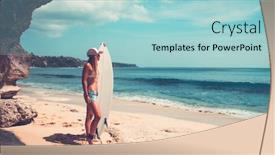  Presentation with waves - Slide deck enhanced with sportive woman with surfboard background and a light blue colored foreground
