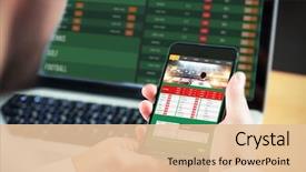  Presentation with smartphone - PPT theme with sports - businessman using smartphone against gambling background and a lemonade colored foreground