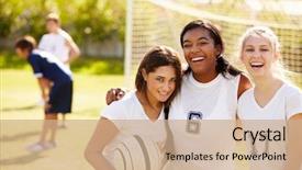  Presentation with female soccer - Audience pleasing presentation design consisting of sports - members of female high school backdrop and a coral colored foreground