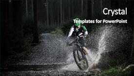  Presentation with freeze - Cool new slide deck with sports - mountain biker speeding through forest backdrop and a black colored foreground