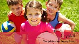  Presentation with sports children - Slides having sports - portrait of three little children background and a red colored foreground