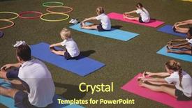  Presentation with stretching - Audience pleasing PPT theme consisting of sports - schoolkids performing stretching exercise backdrop and a tawny brown colored foreground