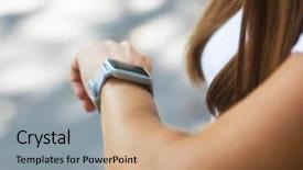  Presentation with smart watch red - PPT theme having women s sports - smart watch on the woman's background and a coral colored foreground