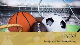  Presentation with stadium - Presentation design consisting of sports - sport equipment and balls stadium background and a yellow colored foreground