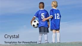  Presentation with youth sports - Colorful slide deck enhanced with sports - youth soccer players standing together backdrop and a light blue colored foreground