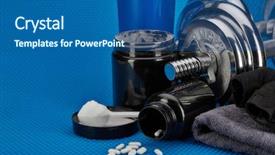  Presentation with nutrition supplements - Beautiful slides featuring sports accessories on a blue backdrop and a ocean colored foreground