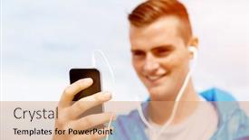  Presentation with music and sports - PPT theme with sports and music man getting ready for jogging and listening to the mp3 player background and a coral colored foreground