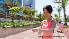  Presentation with smart watch red - Presentation design featuring sports architecture - sport woman running with smart background and a soft green colored foreground