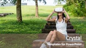  Presentation with security device of women - Presentation design having sports ars - woman look though vr device background and a violet colored foreground