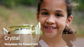  Presentation with trophy award hand holding - Beautiful slides featuring sports awards - young girl holding a trophy backdrop and a tawny brown colored foreground