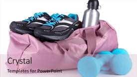  Presentation with sports - Colorful presentation design enhanced with sports bag with sports equipment backdrop and a coral colored foreground