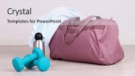  Presentation with assorted sports equipment including - Colorful presentation enhanced with sports bag with sports equipment backdrop and a light gray colored foreground