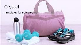 Presentation with assorted sports equipment including - Beautiful presentation design featuring fitness exercise shoes - sports bag with sports equipment backdrop and a sky blue colored foreground