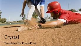  Presentation with base - Slide deck featuring sports baseball - view of a runner background and a coral colored foreground