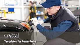  Presentation with sports car - PPT theme with sports car in a workshop background and a dark gray colored foreground