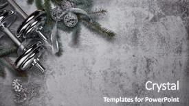  Presentation with fir tree - PPT layouts consisting of sports card design - dumbbell fir tree branches gifts background and a gray colored foreground