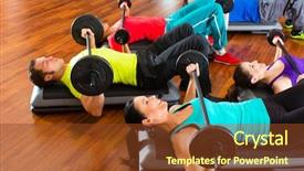  Presentation with group training - Beautiful presentation theme featuring sports center - group of young sport people backdrop and a tawny brown colored foreground