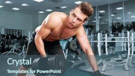  Presentation with man head in hands - PPT theme consisting of sports clubs - muscular man working his biceps background and a ocean colored foreground
