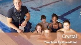  Presentation with sports children - Slide deck featuring sports coach - children having swimming lesson background and a coral colored foreground