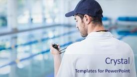  Presentation with train the trainer - PPT layouts featuring sports coach - handsome trainer looking at stopwatch background and a lemonade colored foreground