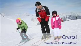  Presentation with ski - Colorful PPT layouts enhanced with sports coach - ski teacher helping young kids backdrop and a sky blue colored foreground