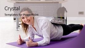  Presentation with flat lay of female sport - Cool new slides with sports company - female employee doing sport exercises backdrop and a  colored foreground